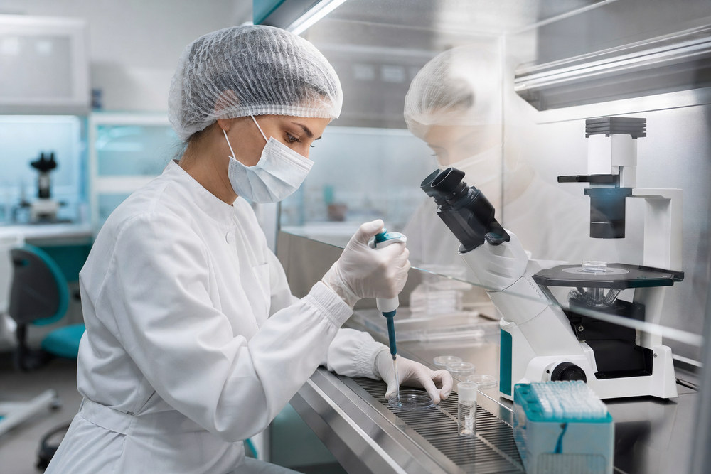 Embryologist working at a laminar-flow hood in an IVF laboratory