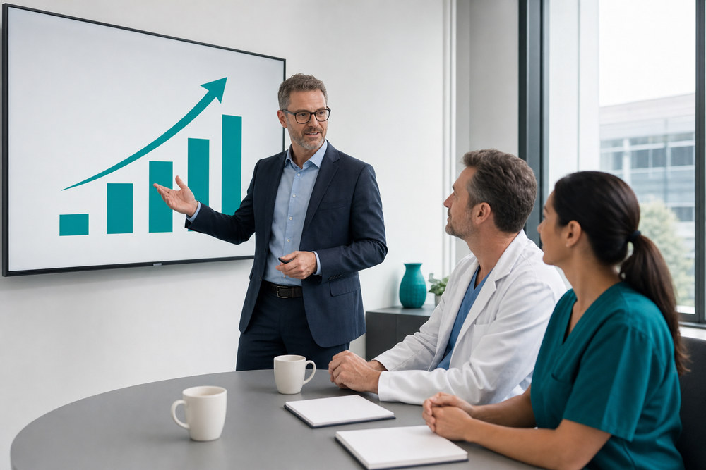 Consultant presenting growth strategy to fertility clinic leadership
