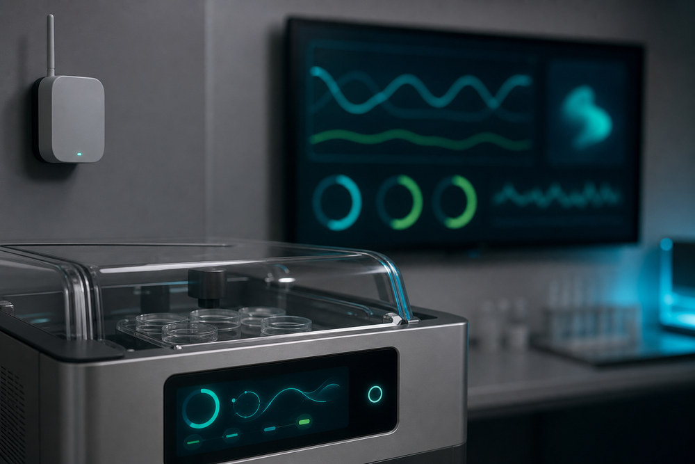Embryo incubator with real-time monitoring sensors and status dashboard