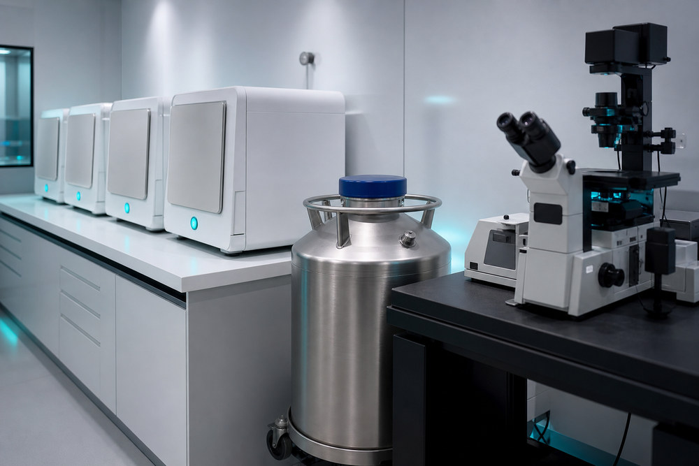 Embryo incubators, cryostorage dewar, and inverted microscope in an IVF laboratory