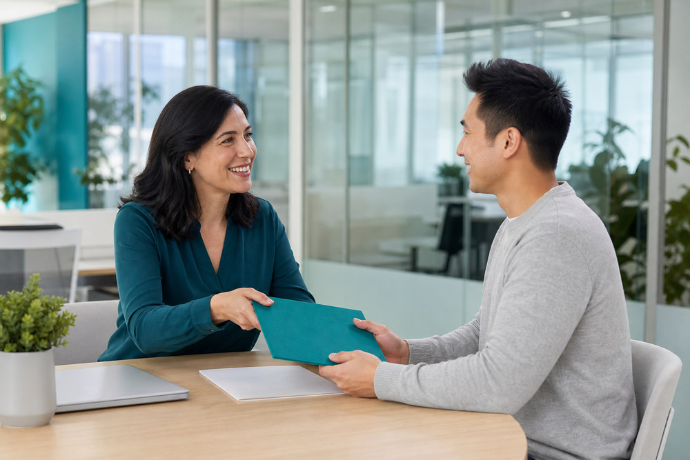HR professional welcoming a new team member in a bright healthcare office