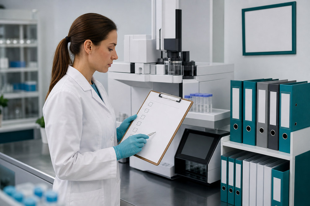 Laboratory professional reviewing quality-control documentation beside lab equipment