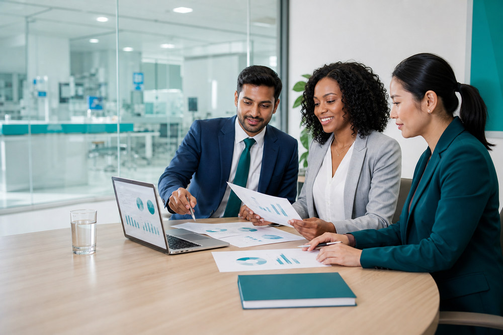 Practice management consultants reviewing performance reports in a medical office