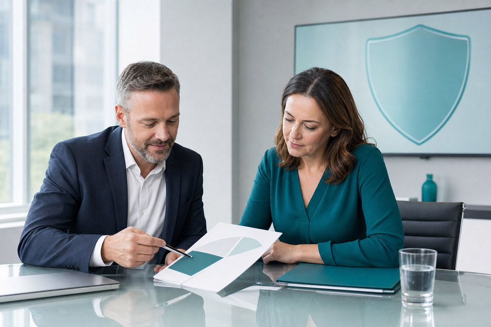 Insurance advisor reviewing coverage documents with a clinic administrator