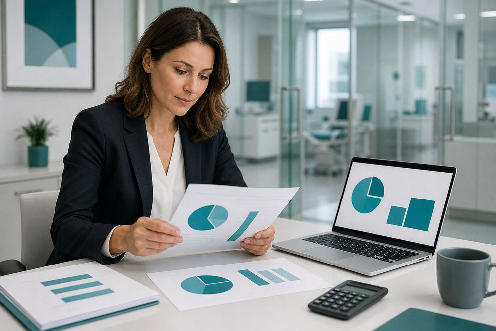 Financial professional reviewing practice performance reports in a medical office
