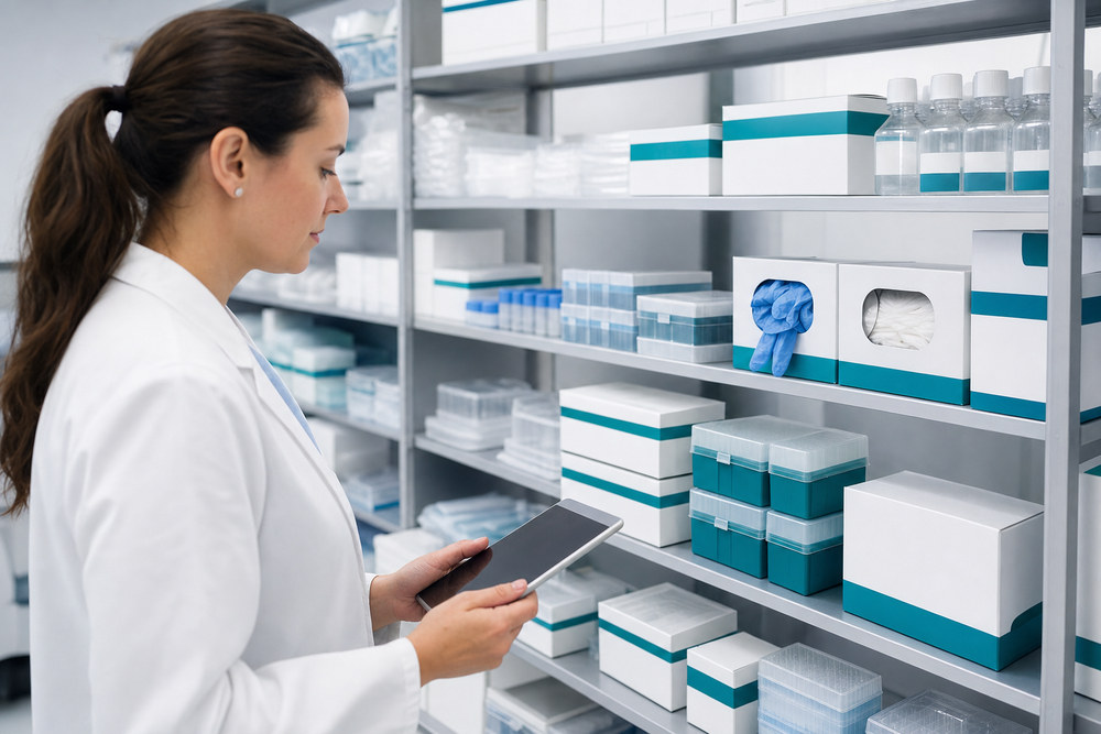 Organized IVF laboratory supply inventory being checked on a tablet