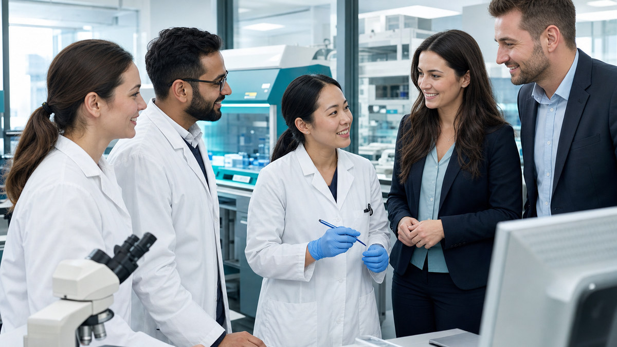 Fertility laboratory professionals collaborating in a modern IVF lab