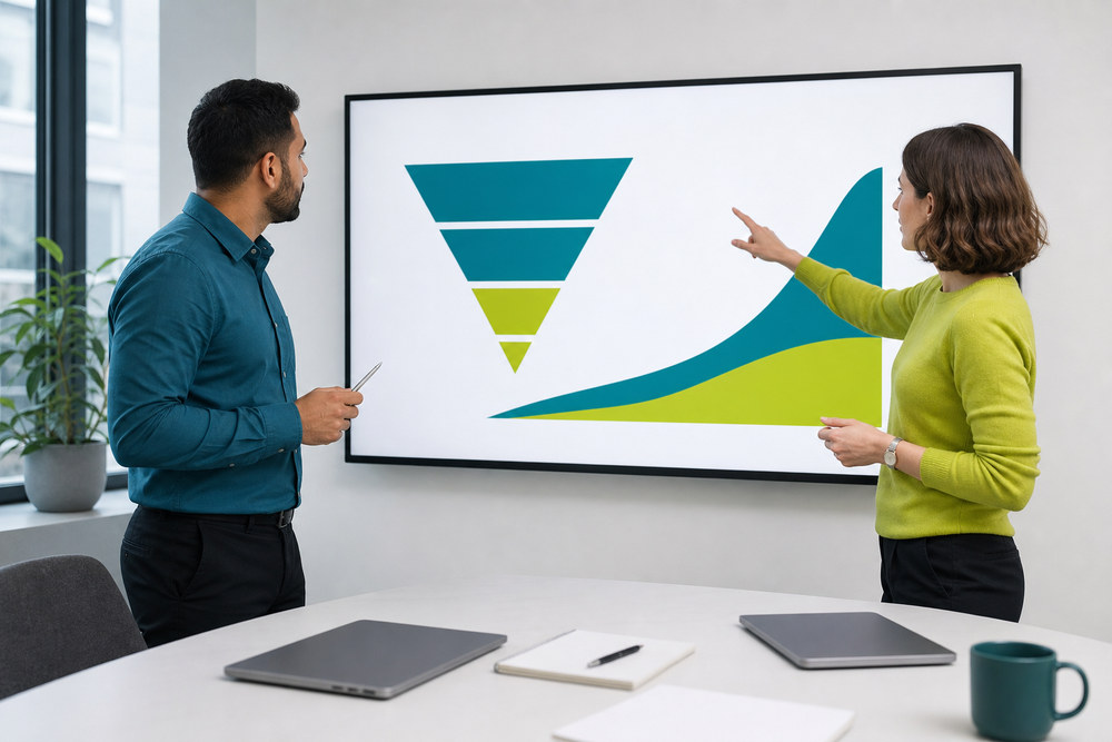 Marketing team reviewing patient-acquisition analytics on a large display