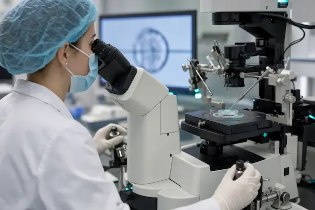 Embryologist performing micromanipulation at an ICSI workstation