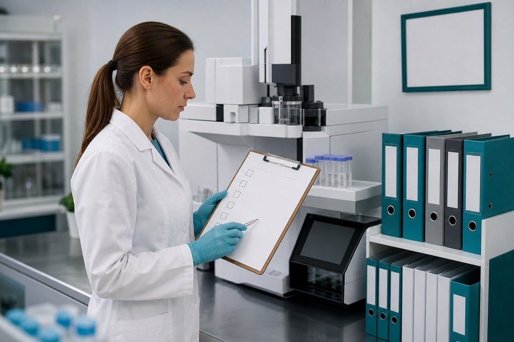Laboratory professional reviewing quality-control documentation beside lab equipment