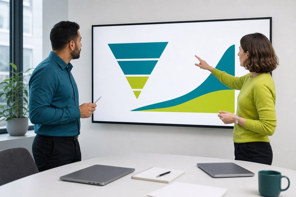 Marketing team reviewing patient-acquisition analytics on a large display