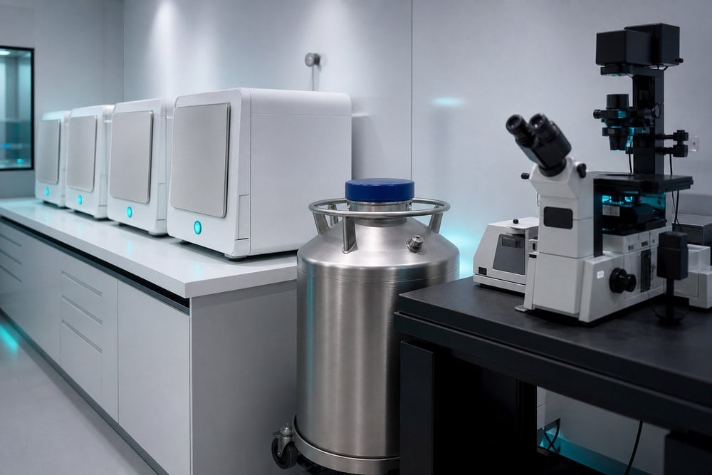 Embryo incubators, cryostorage dewar, and inverted microscope in an IVF laboratory
